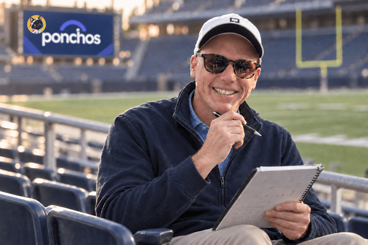 A company scout in the stands of a football stadium with Ponchos on the video board