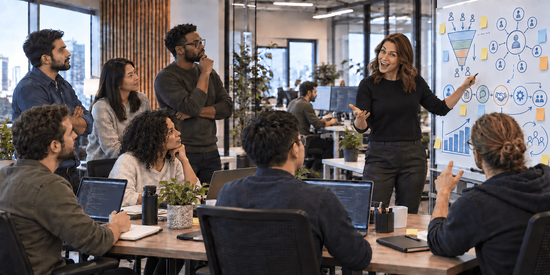 A woman asks a software engineering team if they are ready beside an enterprise sales planning board