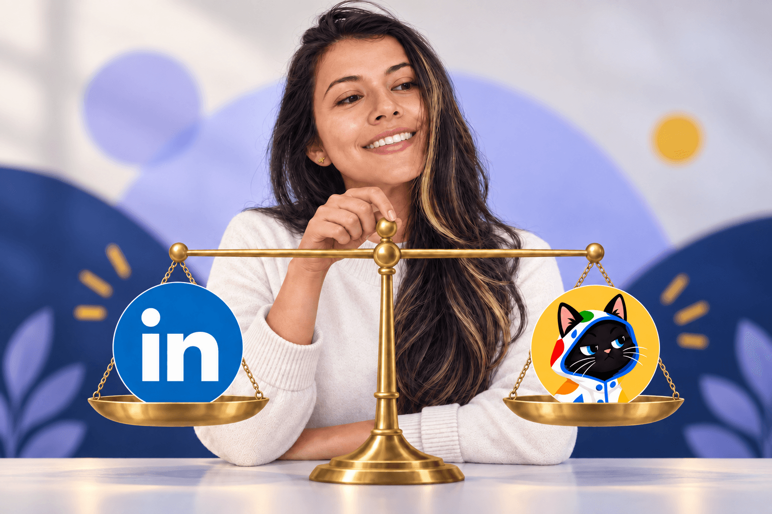Natalia holding a balanced scale with LinkedIn and Ponchos