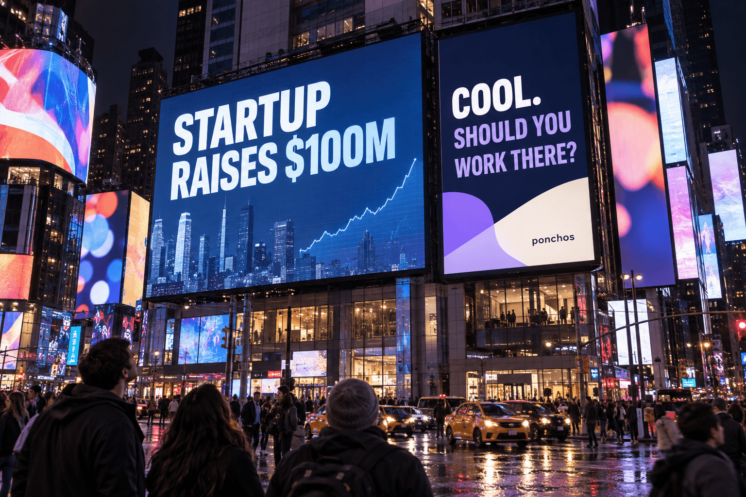 Times Square billboards announce a startup funding round and ask whether you should work there