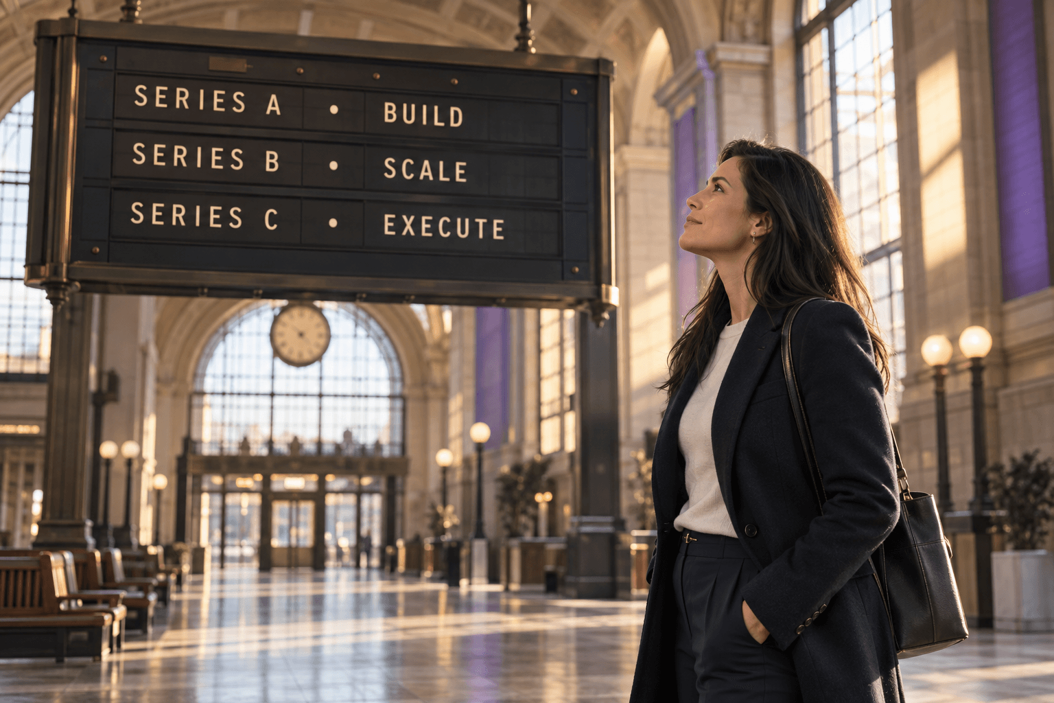 A salesperson studying a departures board with Series A, Series B, and Series C career paths